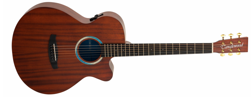 Brown acoustic guitar with cutaway on white background, Tanglewood logo on headstock. Elemental Superfolk. Availible at SLGuitar Works, Doncaster