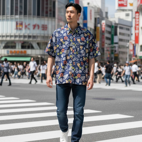 LH-013 LOVE HACHI SHIBUYA × HONOLULU ALOHASHIRT-NAVY | BUSワン