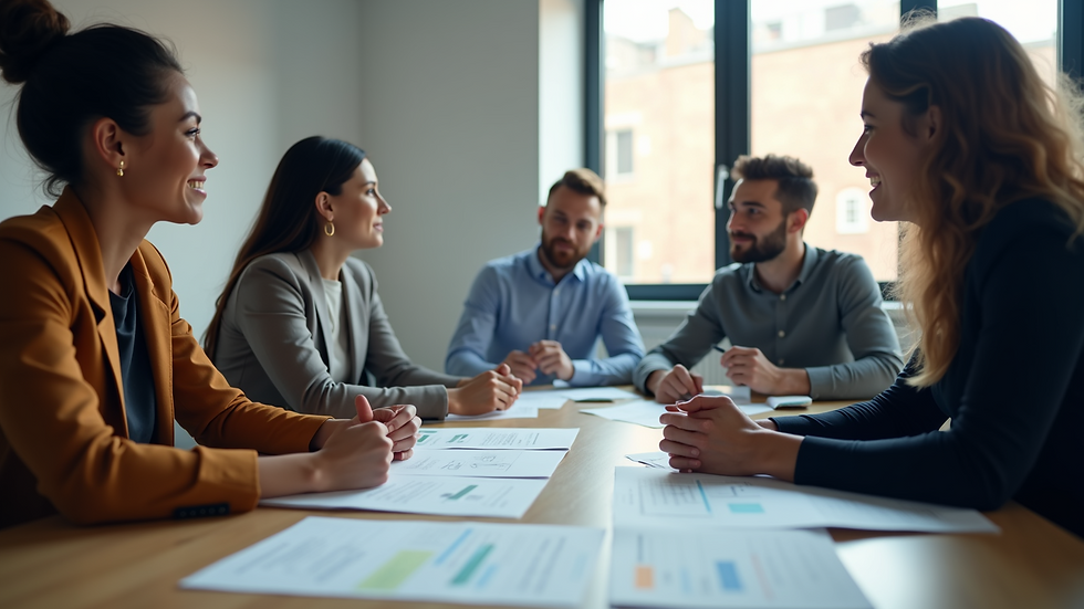 Eye-level view of a meeting room with diverse team members discussing plans