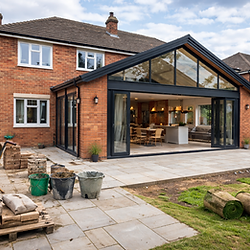 Modern house extension, glass bi-fold doors, new patio. House Refurbishment underway.