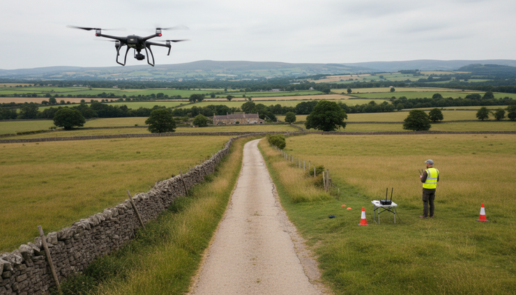 Wide-angle view of a drone flying above a long rural track leading into open countryside