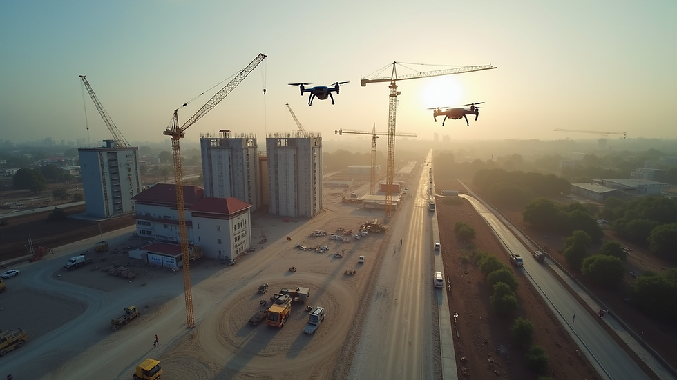 Aerial view of a construction site with drones surveying the area