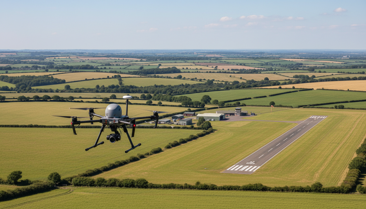 Wide-angle view of a drone flying below clear UK controlled airspace.