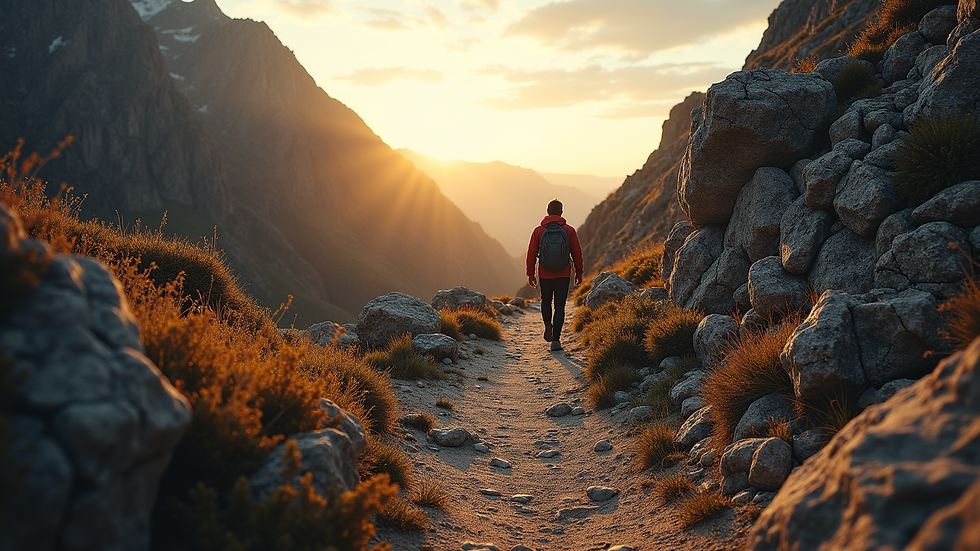 Eye-level view of a mountain trail winding through rocky terrain