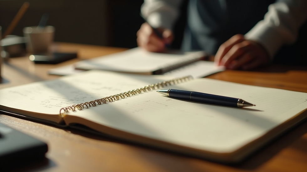Close-up view of a journal and pen on a wooden desk