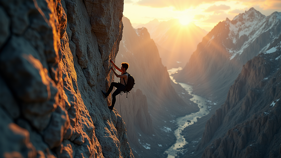 High angle view of a person climbing a steep rock face
