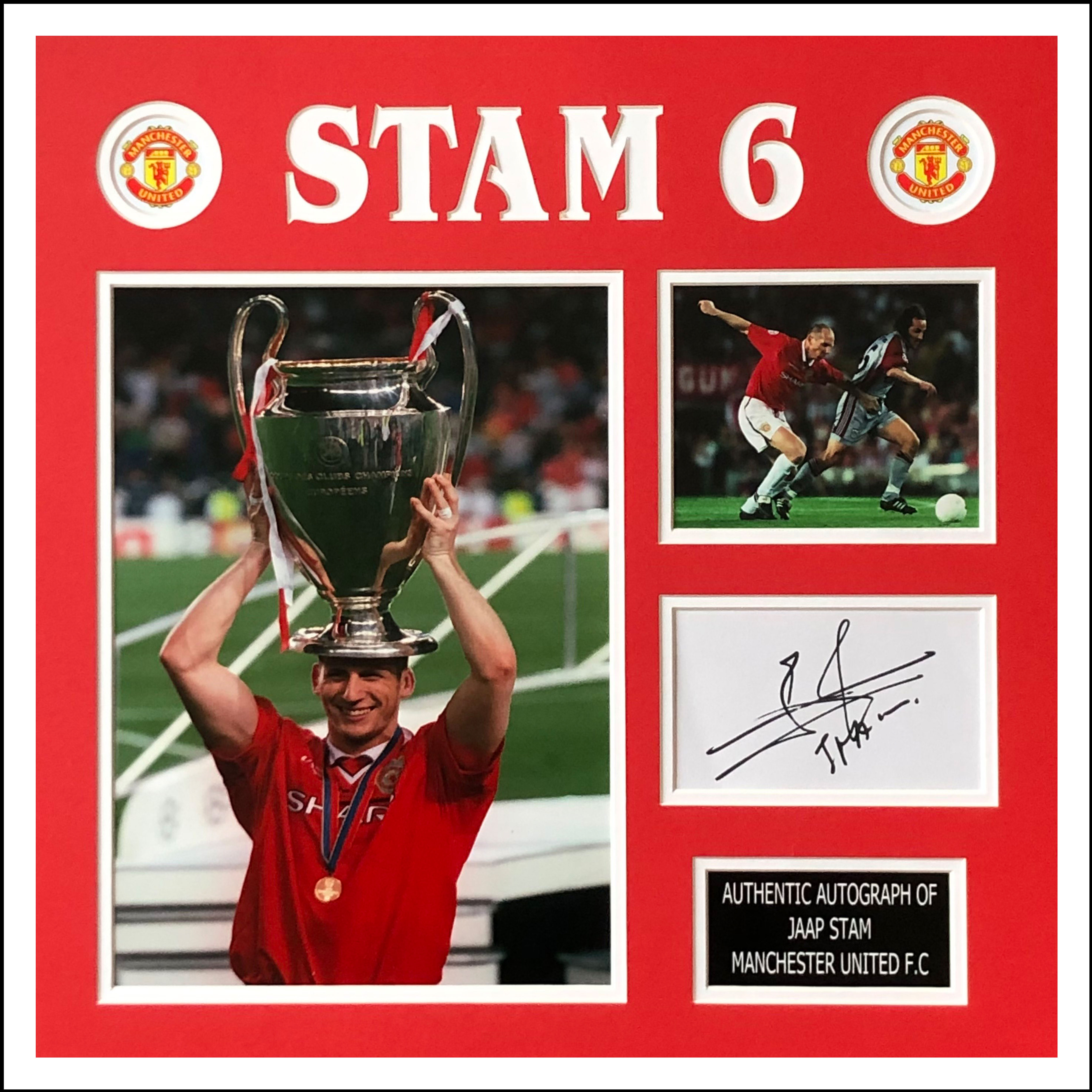 Hand signed Jaap Stam white card in Manchester United 16x16 inch fram