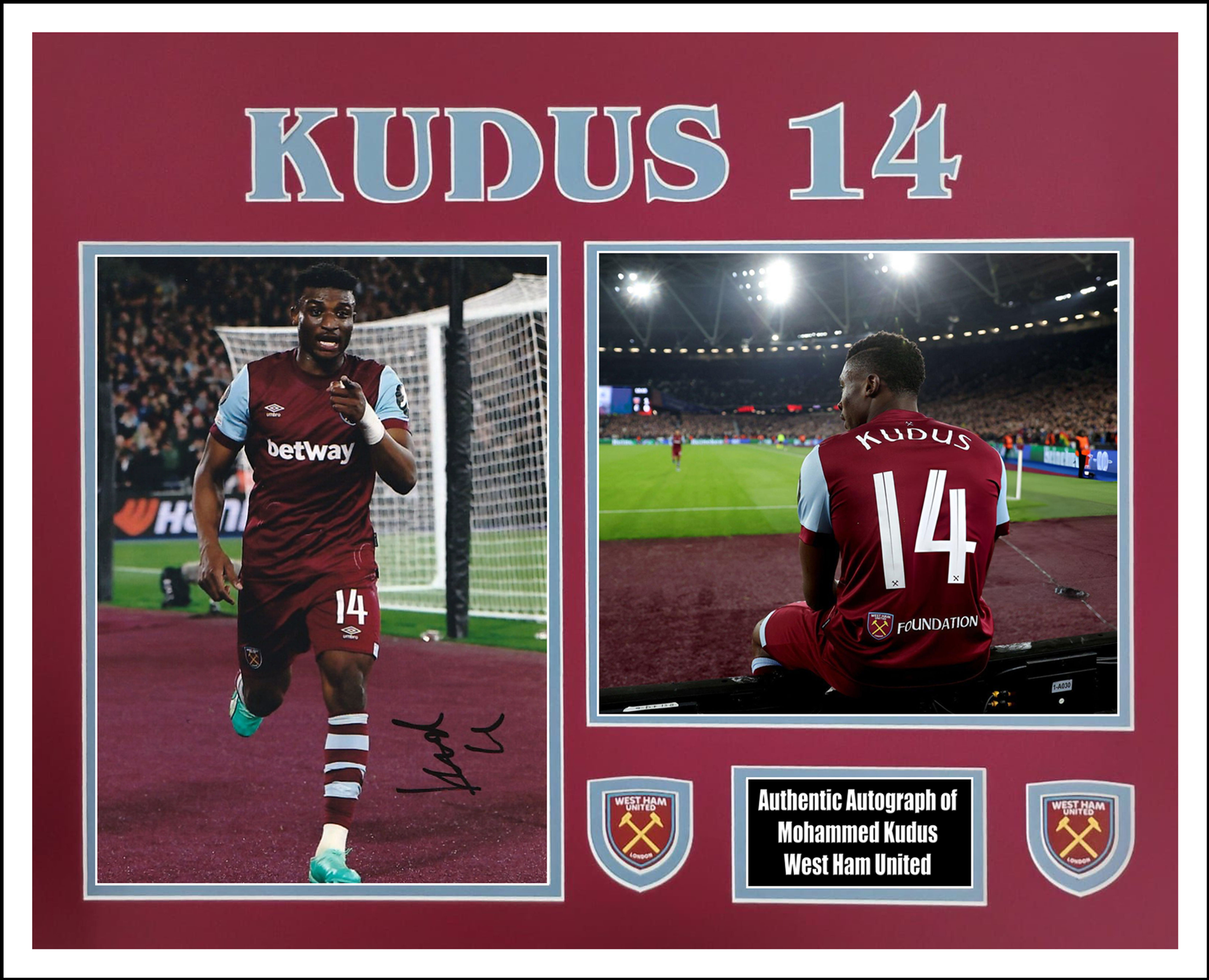 Hand signed Mohammed Kudus West Ham United photo in 20x16 inch frame