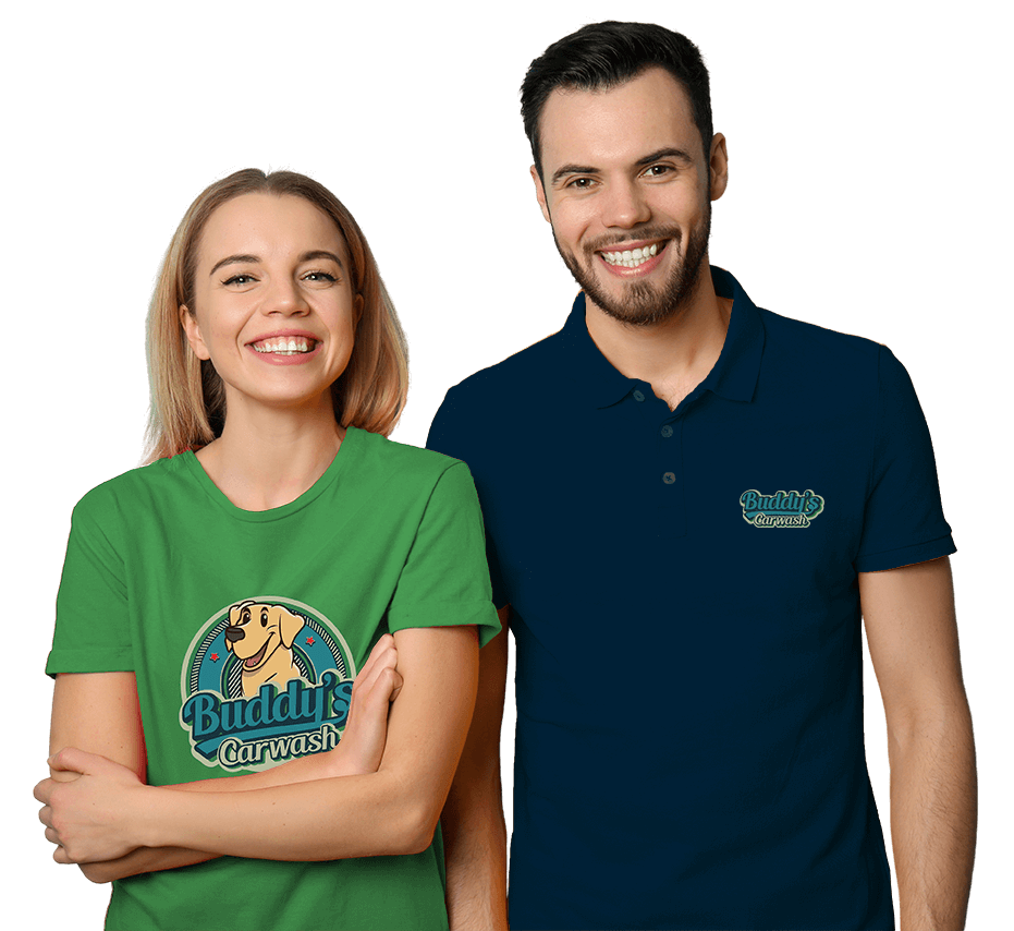 Two smiling people wearing Buddy's Carwash shirts, posing happily together.