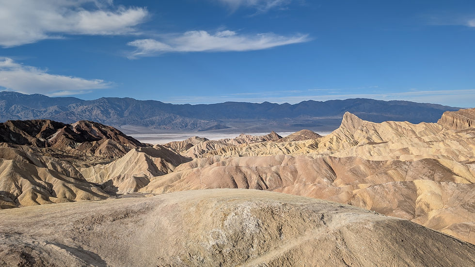 The yellow mounds, salt flats, and mountains that can be seen from Zabriskie Point