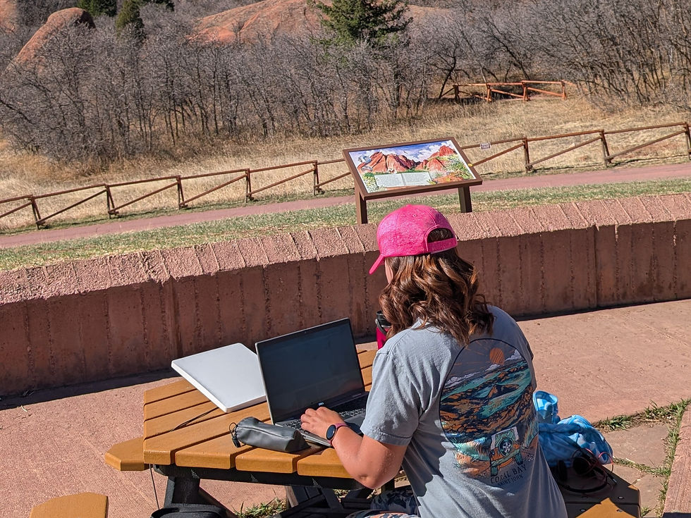 A woman in a pink cap works on a laptop at a picnic table in a park, with dry trees and red rocks in the background under a clear sky.
