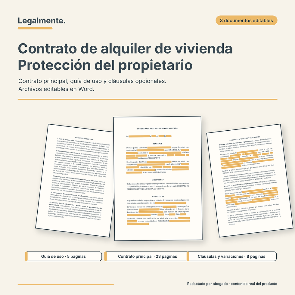 Contrato de alquiler de vivienda para el propietario: contrato principal, guía de uso, cláusulas opcionales, editable en Word