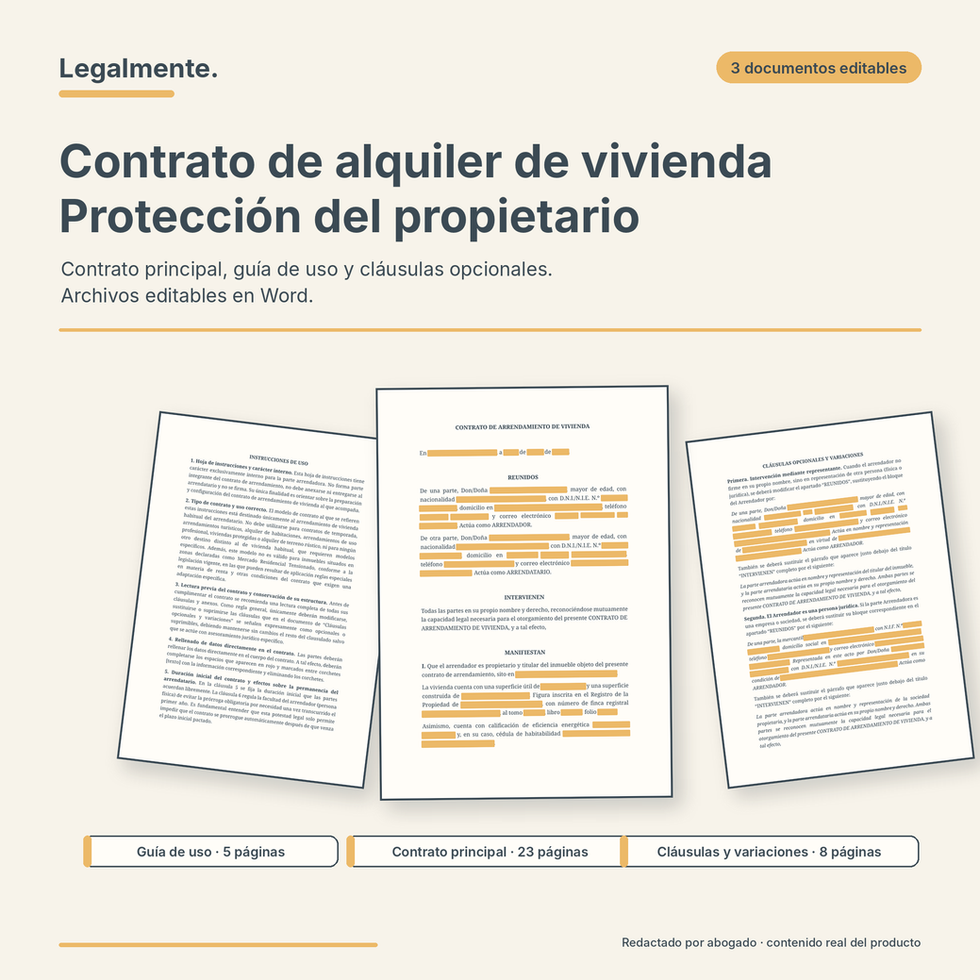 Contrato de alquiler de vivienda para el propietario: contrato principal, guía de uso, cláusulas opcionales, editable en Word