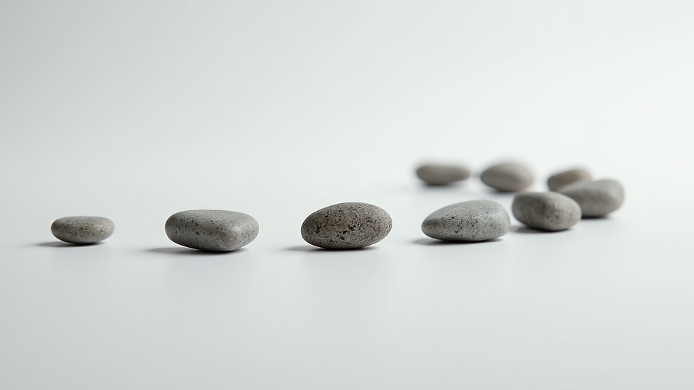 Eye-level view of a collection of momentum stones arranged on a white surface