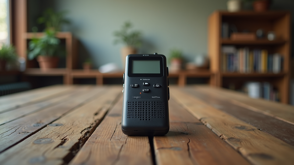 Eye-level view of a digital voice recorder resting on a rustic wooden table