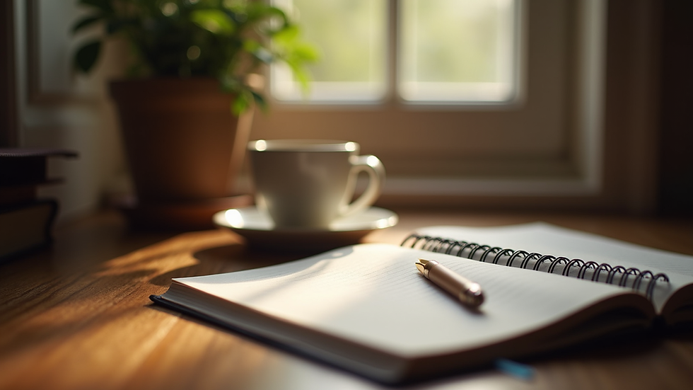 Eye-level view of a cozy writing nook with a journal, coffee cup, and soft lighting