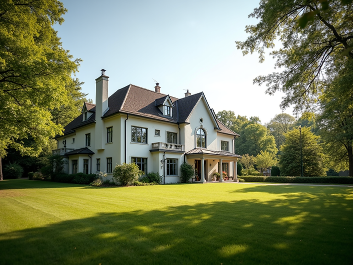 A wide-angle view of a beautiful house with ample land, bathed in natural daylight, hintin