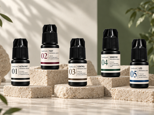 LashLock professional eyelash extension adhesives displayed on natural stone with soft greenery in a cool, dry storage setting.
