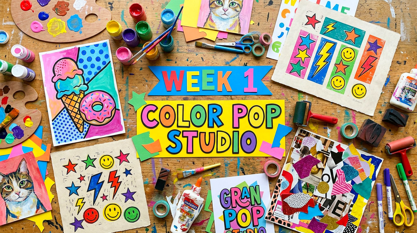 old graphic schedule poster for Summer 2026 art camp showing weekly themes and dates: Color Pop Studio, Characters, Creatures & Comics, Dream Room & Cool Spaces, Wild Worlds, and Fashion, Flair & Design.