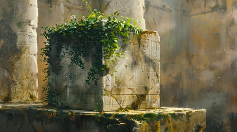 Overgrown ancient stone planter with intricate carvings, lush green vines, and moss, set in a weathered, sunlit architectural structure.