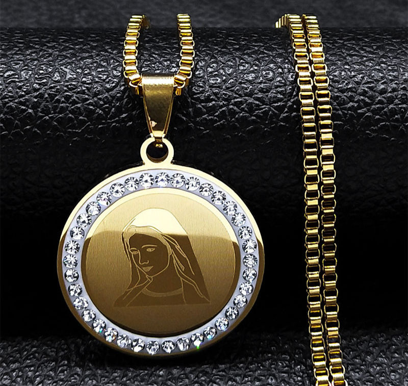 Virgin Mary Gold Pendant Necklace — Crystal Stainless Steel