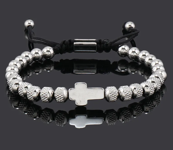 Thumbnail: Men's Cross Beaded Adjustable Bracelet — Gold & Steel Stainless
