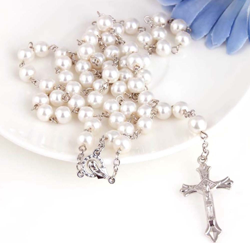 White Pearl Rosary Necklace 8mm — First Communion Catholic Gift