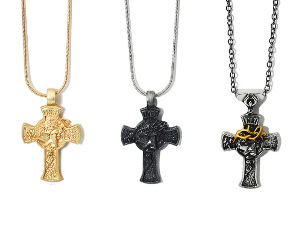 Thumbnail: Jesus Crown of Thorns Cross Necklace — Gold Black Silver Men