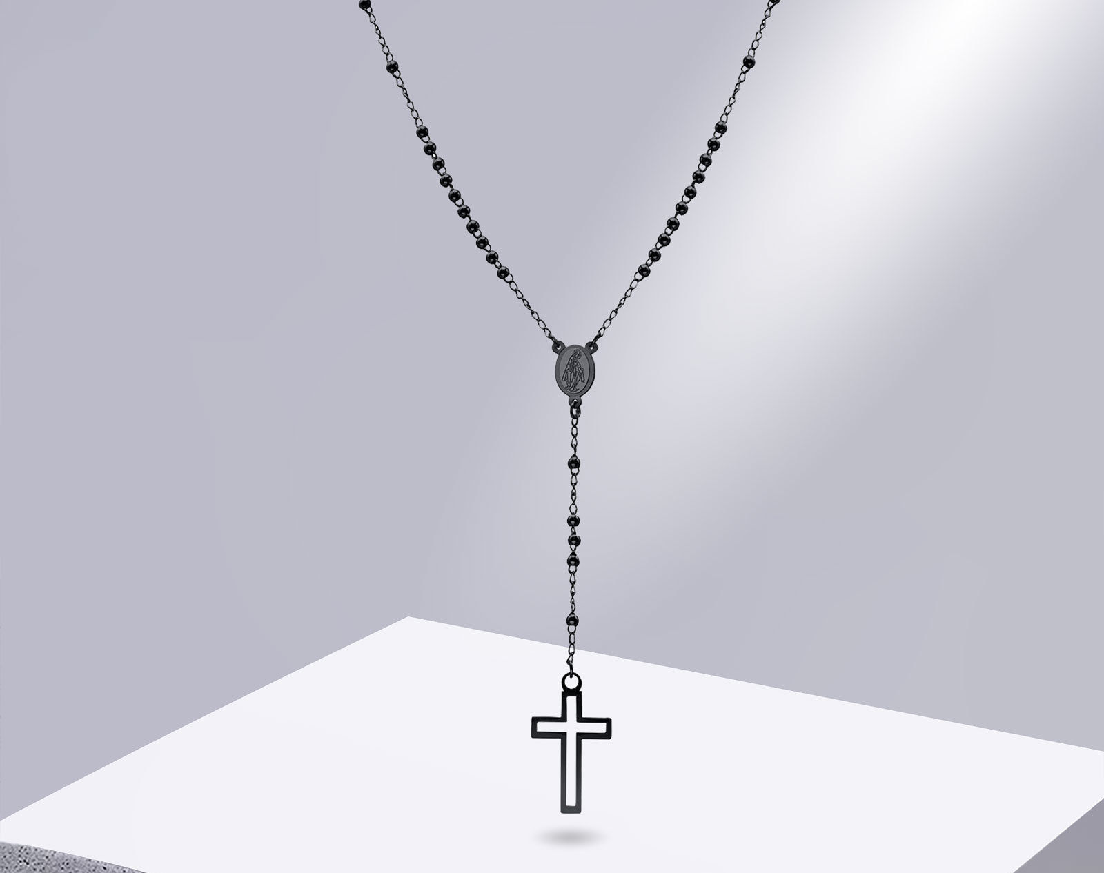 Rosary Necklace Stainless Steel — Hollow Cross Miraculous Medal 3 Colors