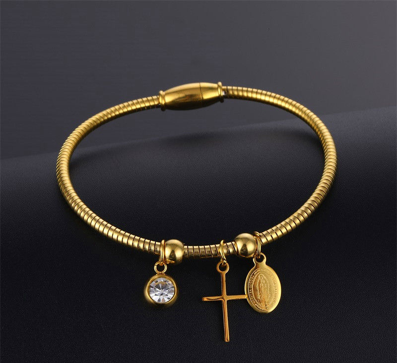 Virgin Mary Gold Bracelet with Cross Charm — Stainless Steel
