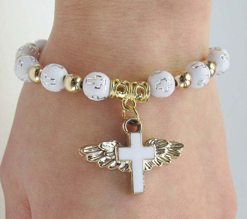 Angel Wings Cross Bracelet — Gold & White Catholic Gift