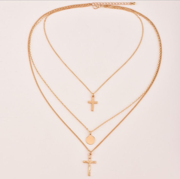 Triple Layer Gold Cross Crucifix Necklace — Multi Pendant Faith