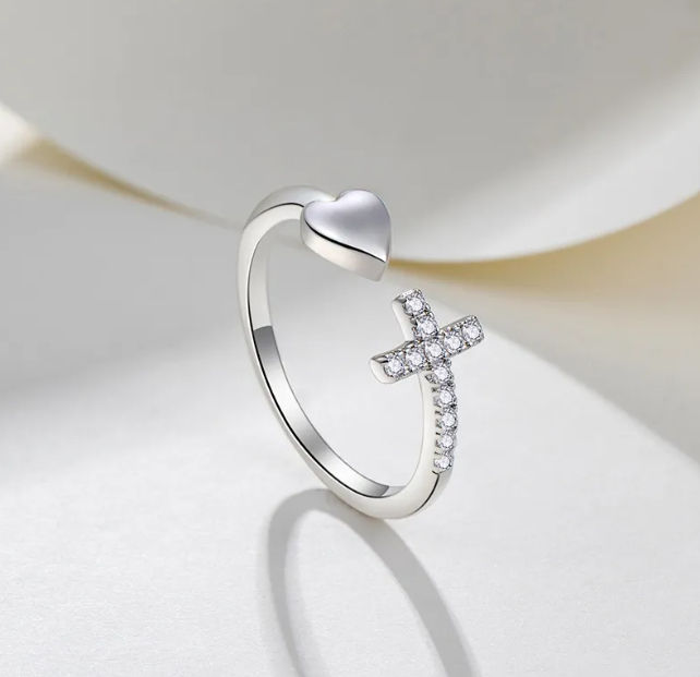 Heart & Cross Crystal Ring Women — White Gold Adjustable Faith