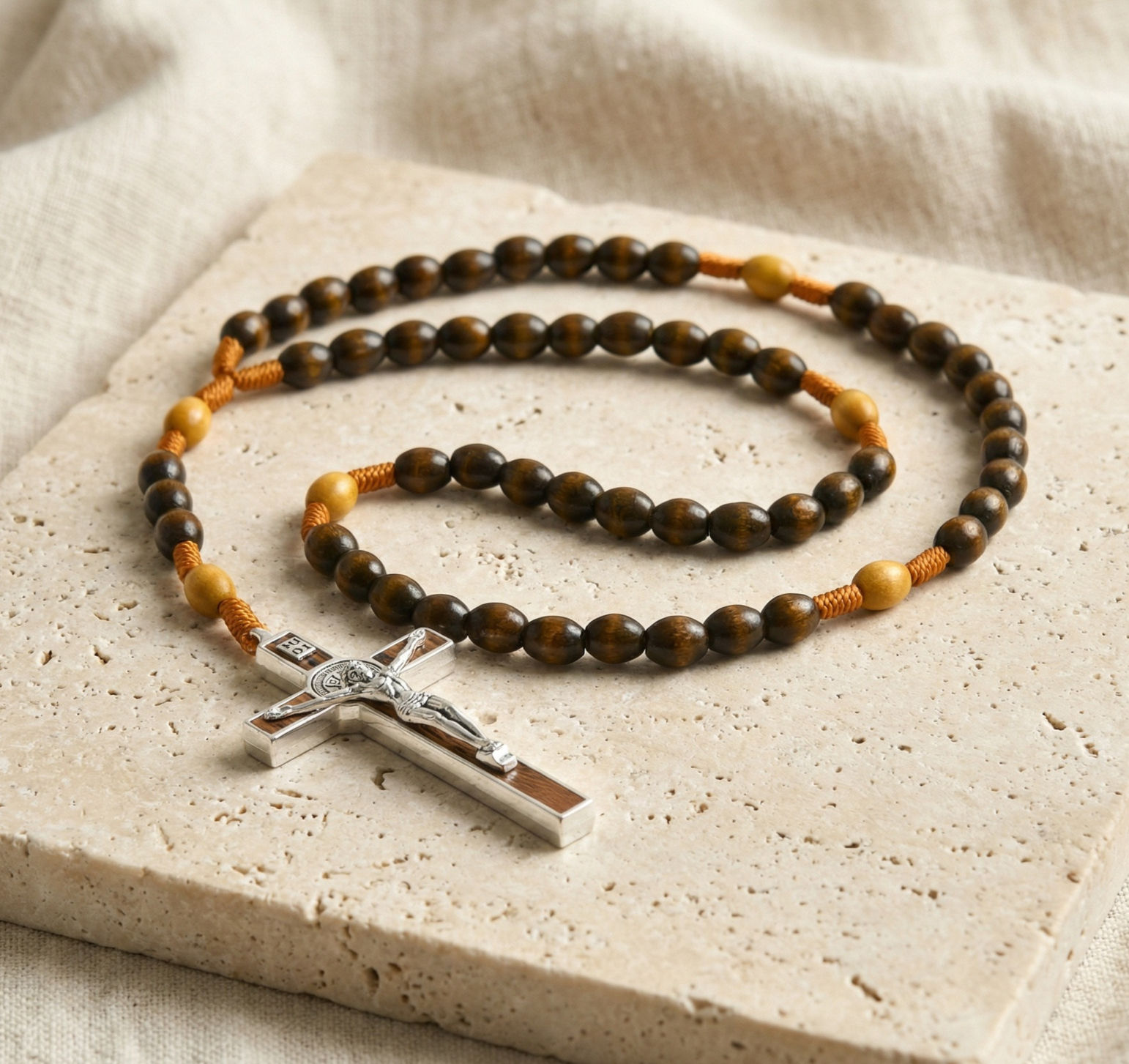 Men's Wooden Bead Catholic Rosary Necklace — Brown Wood Crucifix