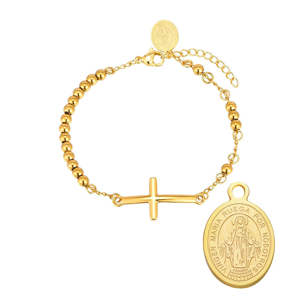 Thumbnail: Virgin Mary Cross Rosary Bracelet — Gold Stainless Steel Catholic
