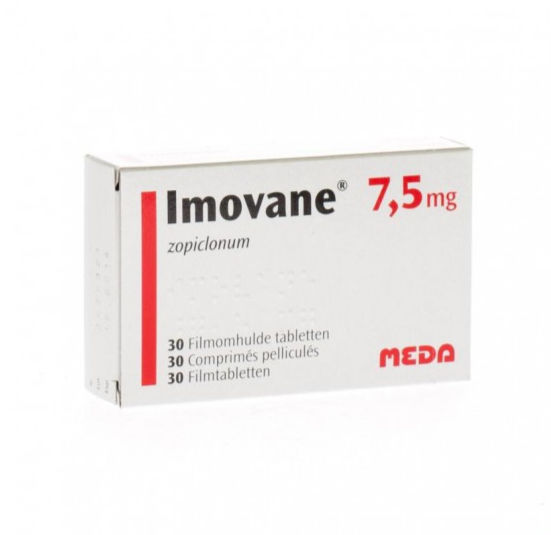 Hvid pakke med teksten "Imovane 7,5 mg zopiclonum". Indeholder 30 filmdragerede tabletter. Rød tekst og logo fra Meda.