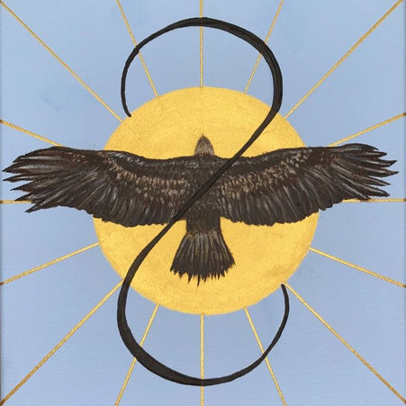 Bald Eagle and Infinite on Sun. Symbolic painting.