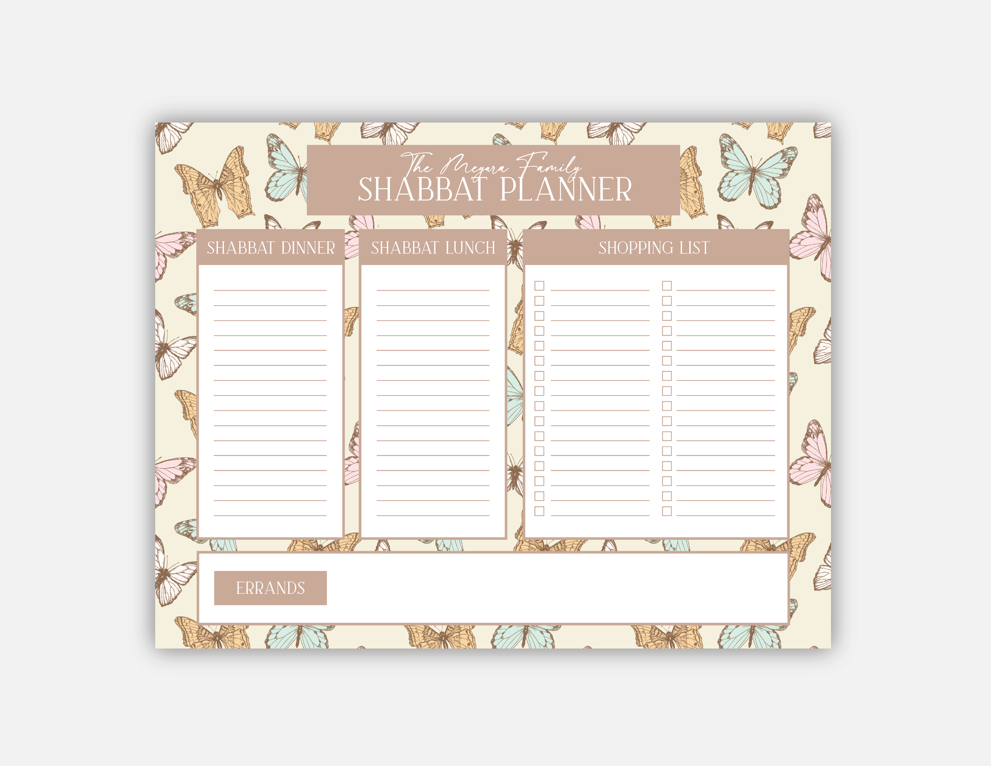 Butterfly Shabbat Planner