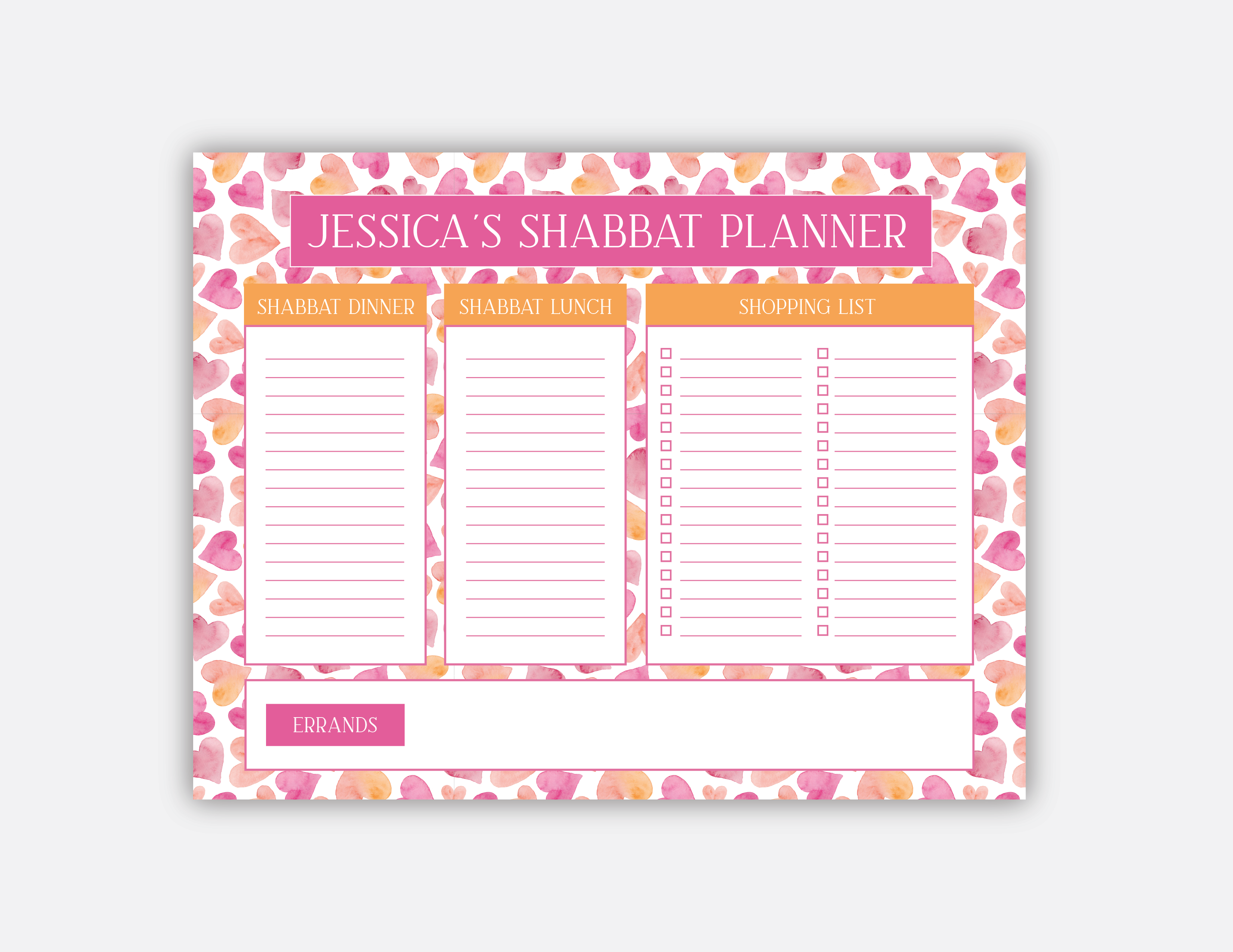 Watercolor Hearts Shabbat Planner