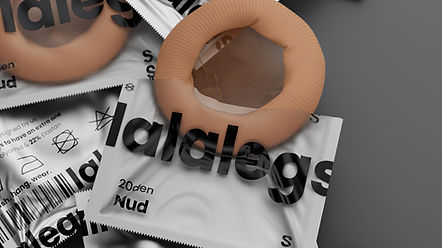 Modern 3D product visualization of branded tights in sleek, minimalist packaging with bold typography