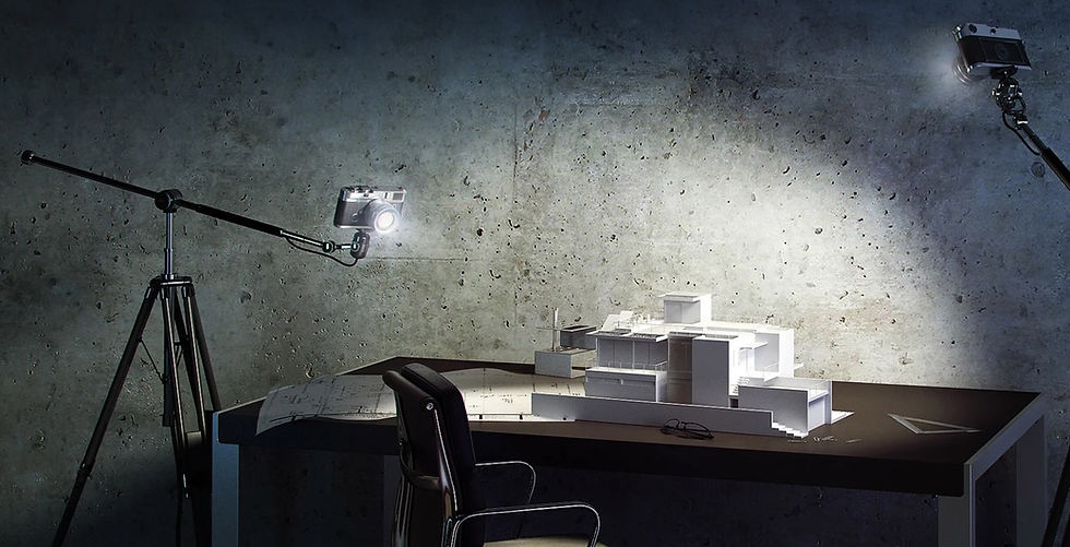 Spotlight fixtures illuminating a scaled architectural model — showing how 3D visualization replicates shadows and glow for product testing.