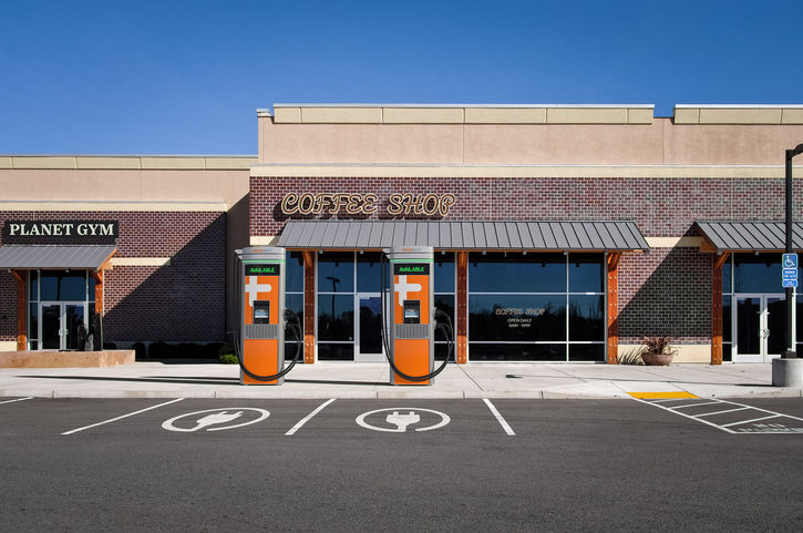ChargePoint EV chargers outside a retail strip mall