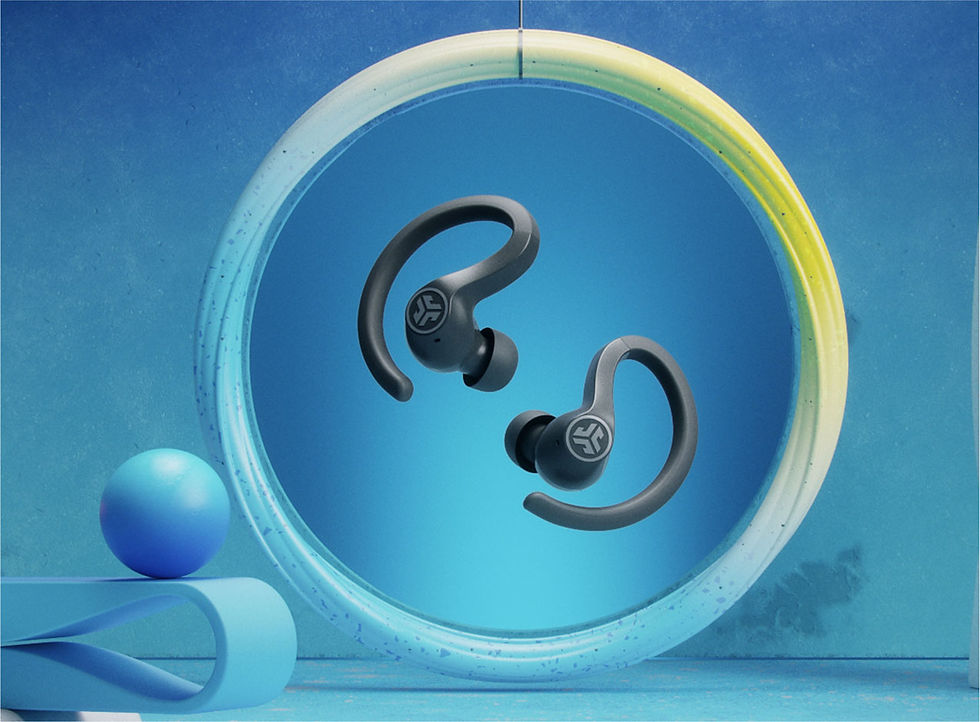Photorealistic 3D rendering of wireless earbuds with minimal blue background — work by Transparent House