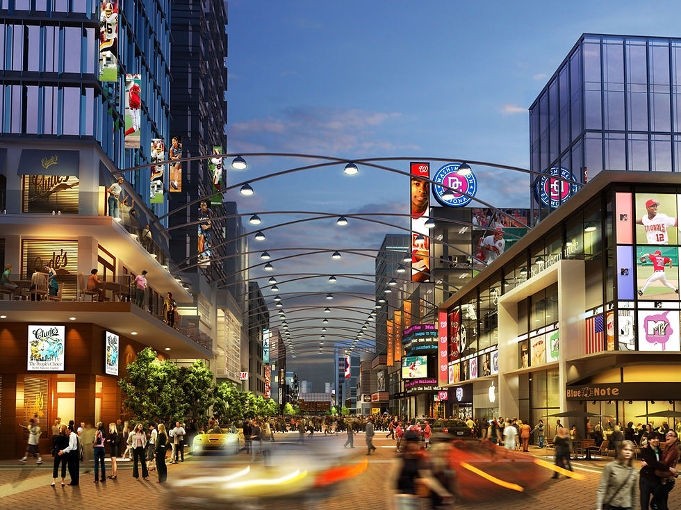 City street at night with illuminated signs and fixtures — demonstrating how 3D rendering conveys vibrant lighting ambiance