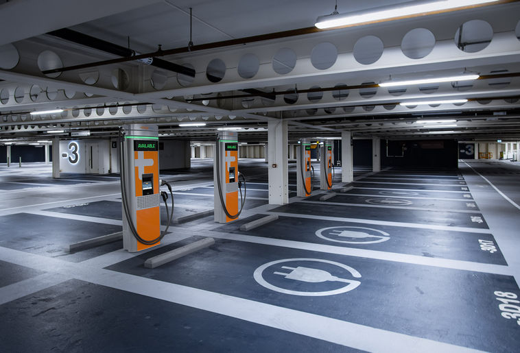 ChargePoint Express Plus EV charging stations in an underground parking garage