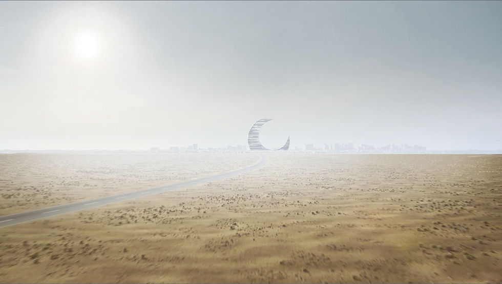 Crescent Moon architectural concept rendered in 3D, futuristic structure in desert environment with sunlight and sand.