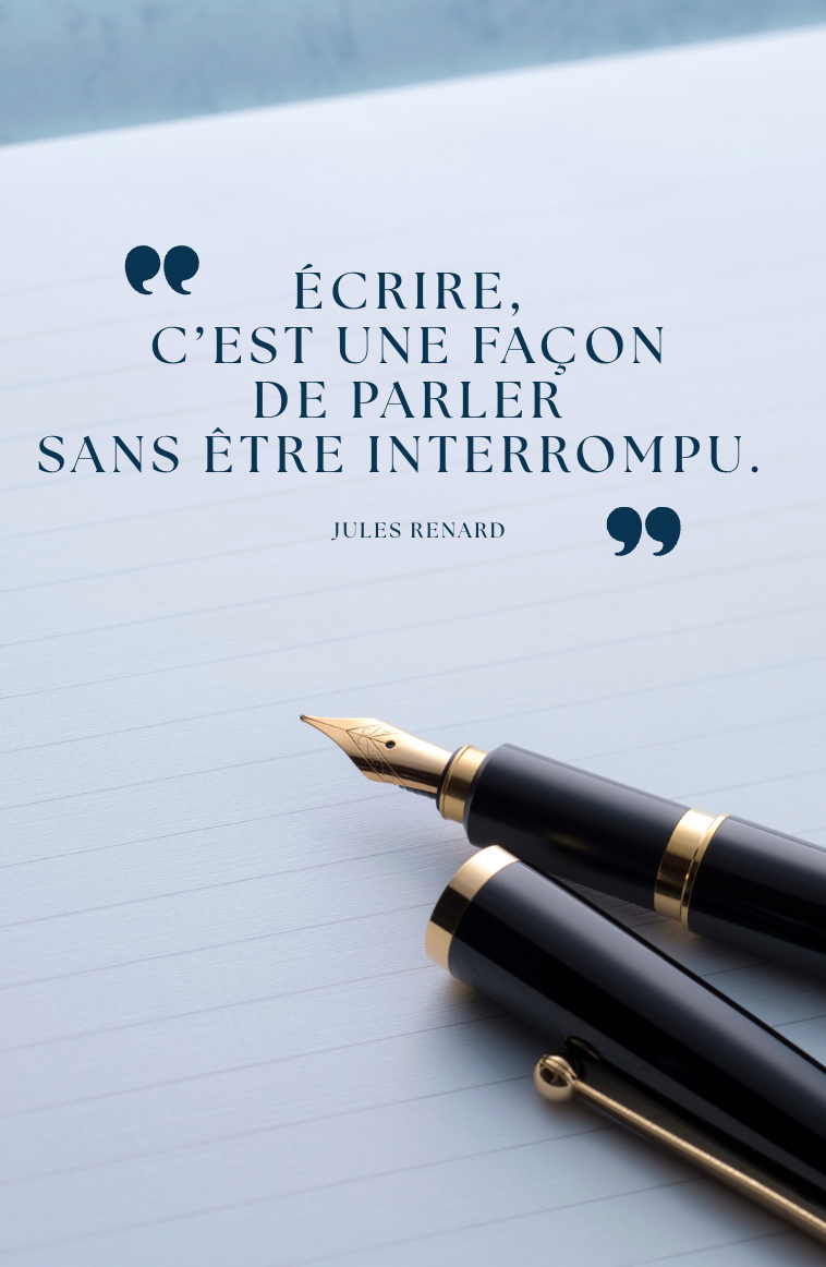 Carnet des ruminations Repoze : Ruminations mentales le soir : pourquoi écrire apaise ? Citation de Jules Renard "Écrire c'est une façon de parler sans être interrompu" Stylo plume sur une page de cahier