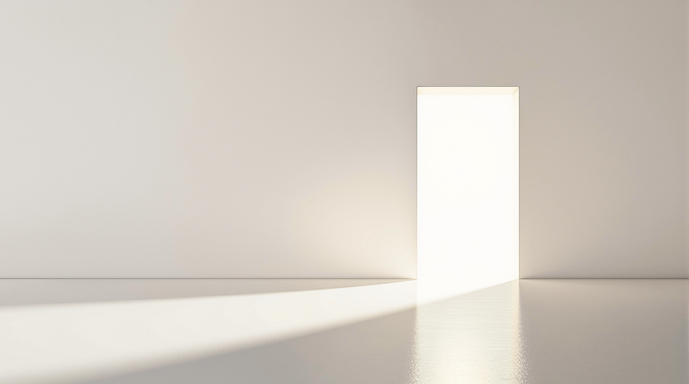 A white-walled empty ethereal room with an opening the shape of a door letting a light in that seems from beyond