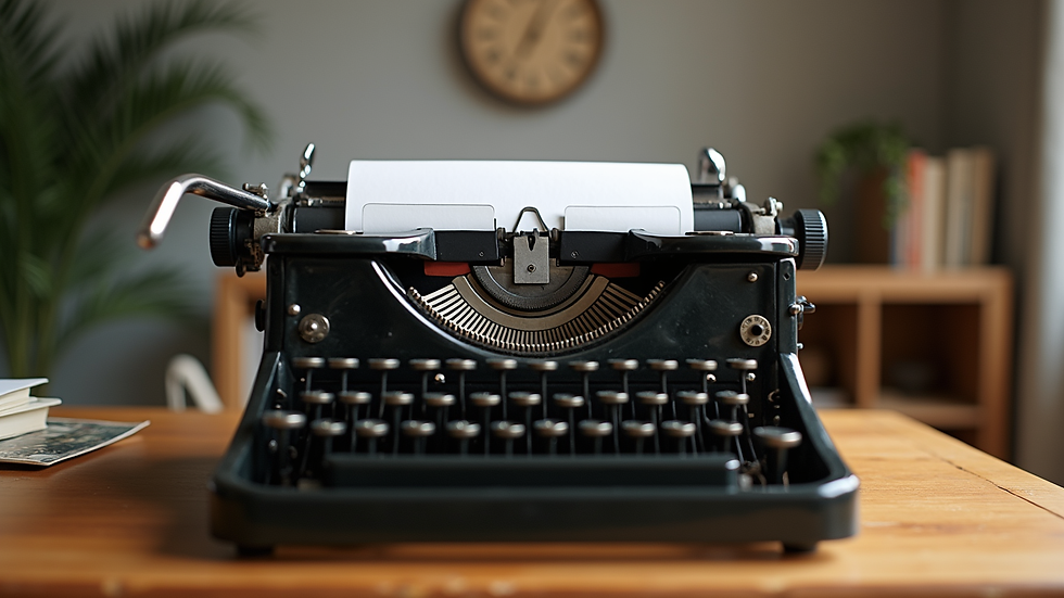 Eye-level view of a vintage typewriter on a wooden desk