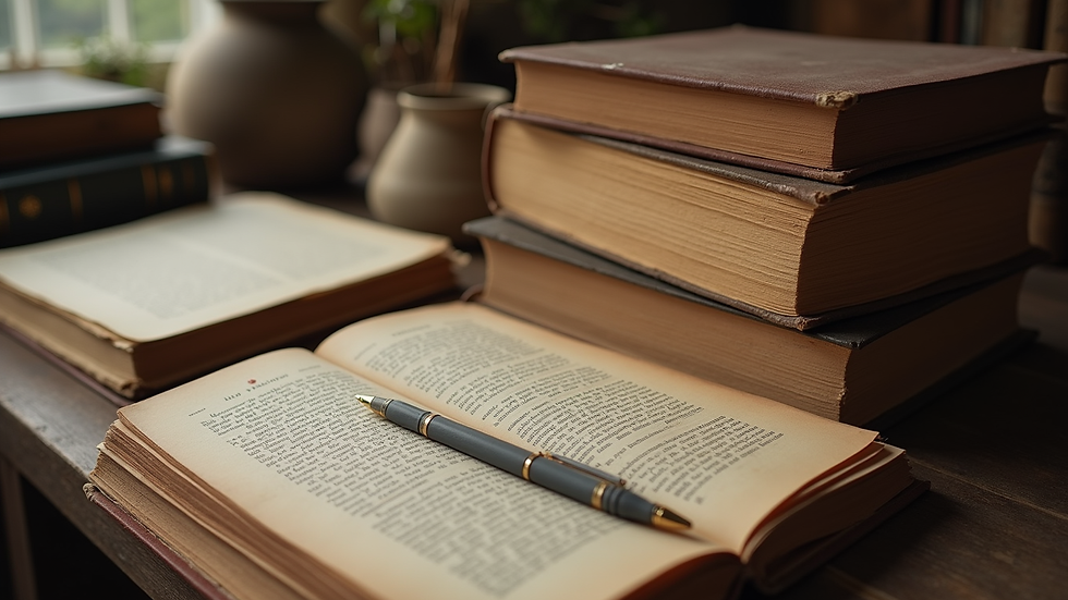 High angle view of a stack of historical books and notes